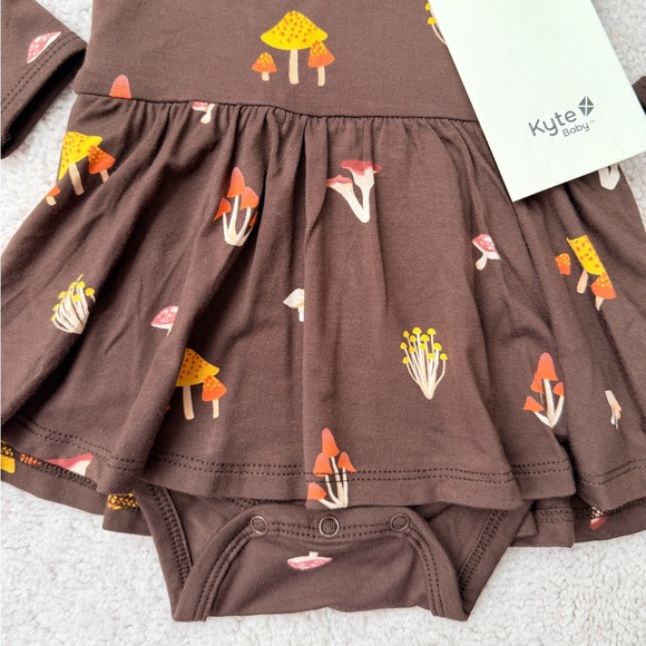Kyte Baby Long Sleeve Twirl Bodysuit Dress in Brown Mushroom Print - Picture 3 of 12